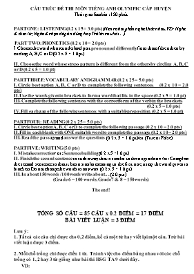 Cấu trúc đề thi môn Tiếng Anh Olympic cấp huyện Lớp 6, 7, 8
